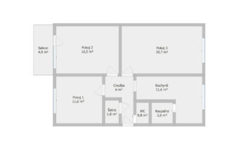 Orientační půdorys bytu - Pronájem bytu 3+1 v osobním vlastnictví 72 m², Třebíč