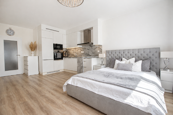 Obývací pokoj + kk - Pronájem bytu 1+kk v osobním vlastnictví 42 m², Praha 9 - Letňany