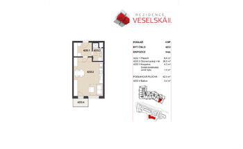 Plánek - Pronájem bytu 1+kk v osobním vlastnictví 42 m², Praha 9 - Letňany