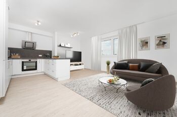 VIZUALIZACE: Obývací pokoj - možné uspořádání - Pronájem bytu 3+kk v osobním vlastnictví 86 m², Český Brod