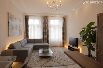 Obývací pokoj + kk vizualizace - Prodej bytu 3+kk v osobním vlastnictví 65 m², Praha 5 - Smíchov