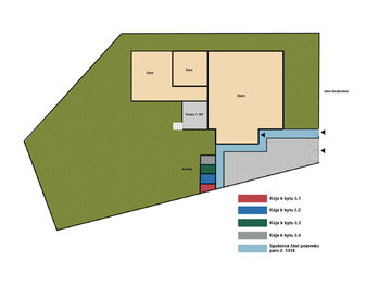 Orientační půdorys pozemku s vyznačením společné části - Pronájem bytu 2+kk v osobním vlastnictví 55 m², Poděbrady
