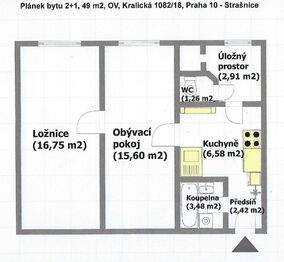 3. 2D půdorys bytu 2+1 - Pronájem bytu 2+1 v osobním vlastnictví 49 m², Praha 10 - Strašnice