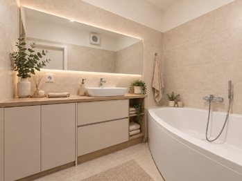 AI vizualizace koupelna po modernizaci - Prodej bytu 2+kk v osobním vlastnictví 58 m², Dolní Břežany