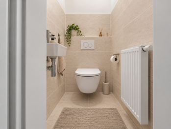 AI vizualizace toaleta po modernizaci - Prodej bytu 2+kk v osobním vlastnictví 58 m², Dolní Břežany