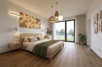 Hlavní ložnice se vstupem do zahrady - vizualizace možného uspořádání interiéru... - Prodej domu 195 m², Vysoký Újezd
