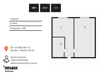 Půdorys| Denisa Sochová | +420 730 823 682 | denisa.sochova@re-max.cz - Pronájem bytu 1+1 v osobním vlastnictví 14545 m², Karviná