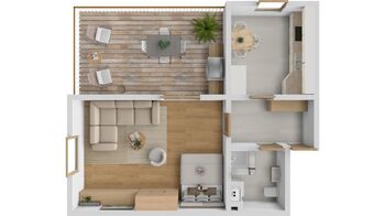 3D půdorys stávající stav 1+1 - Prodej bytu 1+1 v osobním vlastnictví 46 m², Břeclav