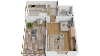 3D půdorys stávající stav 1+1 - Prodej bytu 1+1 v osobním vlastnictví 46 m², Břeclav