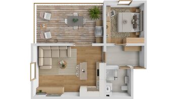 3D půdorys návrh varianty 2+kk - Prodej bytu 1+1 v osobním vlastnictví 46 m², Břeclav