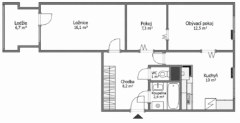 Půdorys - Prodej bytu 2+1 v družstevním vlastnictví 59 m², Milovice