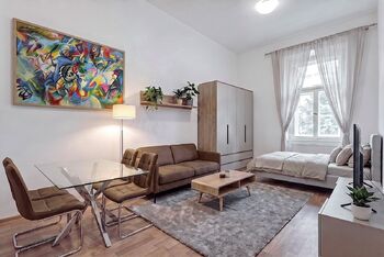 Obývací pokoj - vizualizace - Prodej bytu 1+1 v osobním vlastnictví 31 m², Praha 6 - Dejvice