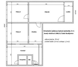 Půdorys - Pronájem bytu 3+1 v družstevním vlastnictví 78 m², České Budějovice