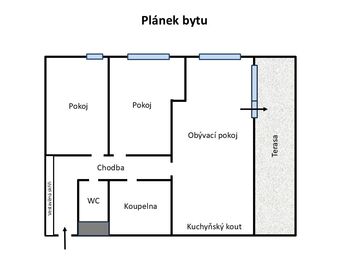 Plánek bytu - Pronájem bytu 3+kk v osobním vlastnictví 58 m², Klecany