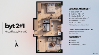 Architektonická studie - Prodej bytu 2+1 v družstevním vlastnictví 52 m², Praha 10 - Záběhlice
