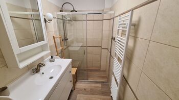 Koupelna v přízemí domu se sprchovým koutem a retro bateriemi - Prodej domu 110 m², Bohostice