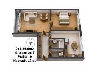 3D plánek - Pronájem bytu 2+1 v osobním vlastnictví 57 m², Praha 10 - Záběhlice
