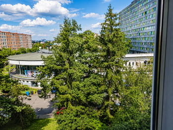 Výhled z kuchyně na OC Cíl - Pronájem bytu 2+1 v osobním vlastnictví 57 m², Praha 10 - Záběhlice