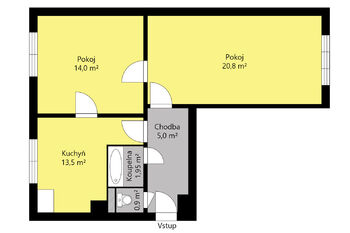 orientační půdorys - Prodej bytu 2+1 v osobním vlastnictví 56 m², Čáslav