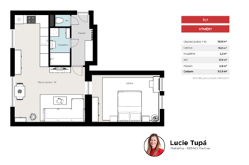 Půdorys bytu - Pronájem bytu 2+kk v osobním vlastnictví 54 m², Praha 4 - Podolí