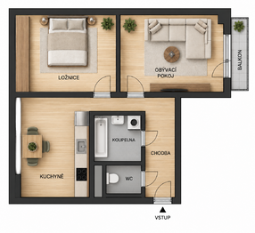 Půdorys bytu - Prodej bytu 2+1 v osobním vlastnictví 47 m², Podbořany