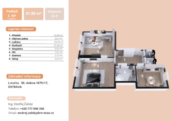 půdorys - Prodej bytu 2+1 v osobním vlastnictví 88 m², Ostrava