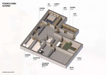 3D půdorys - suterén  - Prodej domu 87 m², Mělník