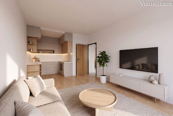 Obývací pokoj s kuchyní - vizualizace - Prodej bytu 2+kk v družstevním vlastnictví 40 m², Praha 9 - Prosek 