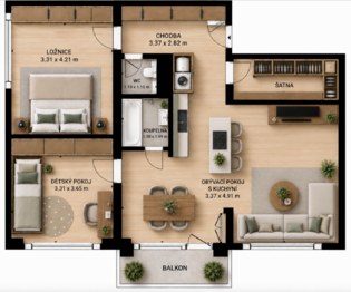 Vizualizace přestavby na 3kk Malenovice - Prodej bytu 3+1 v družstevním vlastnictví 83 m², Zlín