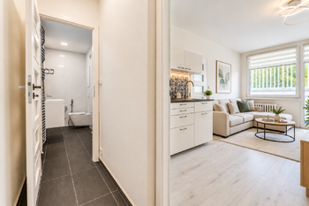VIZUALIZACE POHLED KOUPELNA + OBÝVACÍ POKOJ - Prodej bytu 1+1 v osobním vlastnictví 36 m², Praha 4 - Braník