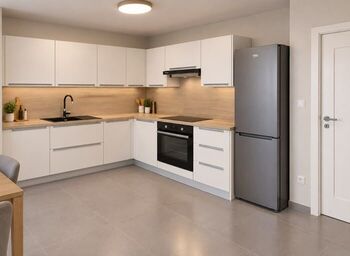 Kuchyňský kout ve výrobě.  - Pronájem bytu 1+kk v osobním vlastnictví 30 m², Praha 9 - Kbely