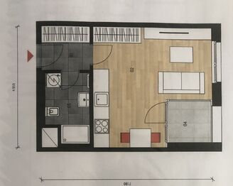 orientační půdorys - Pronájem bytu 1+kk v osobním vlastnictví 32 m², Praha 5 - Jinonice