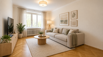 vizualizace obývacího pokoje - Prodej bytu 3+1 v osobním vlastnictví 84 m², České Budějovice