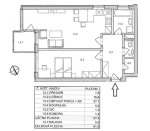 Půdorys - Pronájem bytu 2+kk v osobním vlastnictví 61 m², Praha 10 - Hostivař
