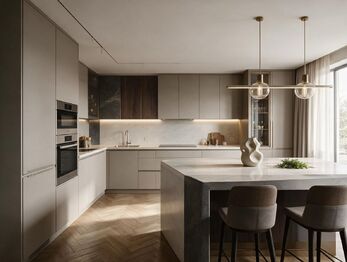 Vizualizace stejné místnosti, jen změna využití s výstupem na terasu.  - Prodej domu 280 m², Praha 5 - Smíchov