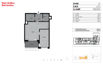 Plánek bytu s výměrami - Pronájem bytu 2+kk v osobním vlastnictví 51 m², Praha 5 - Hlubočepy