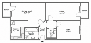 Půdorys - Prodej bytu 3+1 v osobním vlastnictví 55 m², Milovice