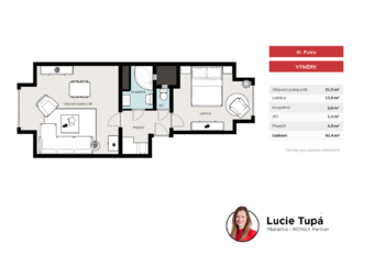 Půdorys bytu - Prodej bytu 2+kk v osobním vlastnictví 42 m², Praha 4 - Podolí