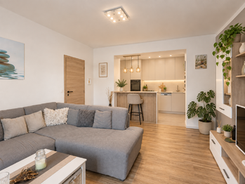 Vizualizace obývacího pokoje s kuchyní  - Prodej bytu 3+kk v osobním vlastnictví 70 m², Praha 9 - Vysočany
