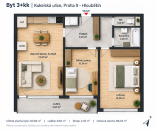Pronájem bytu 3+kk v osobním vlastnictví 61 m², Praha 9 - Hloubětín