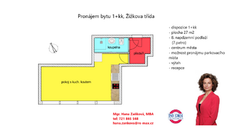 plánek - Pronájem bytu 1+kk v osobním vlastnictví 27 m², České Budějovice
