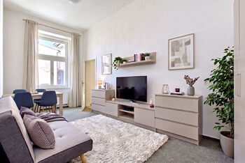 Obývací pokoj - vizualizace - Prodej bytu 1+1 v osobním vlastnictví 33 m², Praha 6 - Dejvice