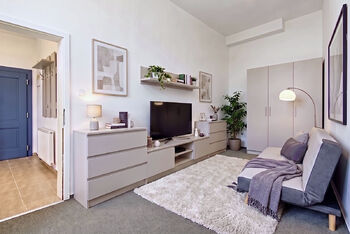 Obývací pokoj - vizualizace - Prodej bytu 1+1 v osobním vlastnictví 33 m², Praha 6 - Dejvice