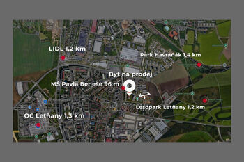 Mapa - Prodej bytu 2+kk v osobním vlastnictví 58 m², Praha 9 - Letňany