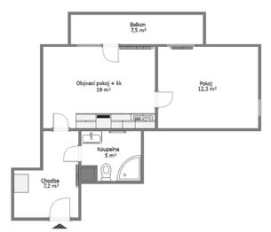 Půdorys bytu - Pronájem bytu 2+kk v osobním vlastnictví 44 m², Milovice