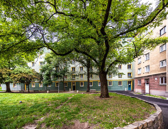 Pohled na dům a vchod - Prodej bytu 1+1 v osobním vlastnictví 38 m², Most 