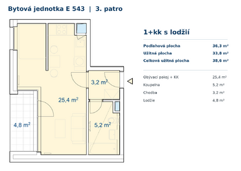 Půdorys bytu - Pronájem bytu 1+kk v osobním vlastnictví 34 m², Brno