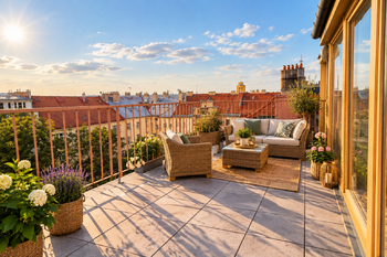Střešní terasa - Pronájem bytu 4+kk v osobním vlastnictví 134 m², Praha 3 - Žižkov 
