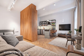 Vizualizace obývacího prostoru - Pronájem bytu 1+kk v osobním vlastnictví 45 m², Praha 10 - Vršovice