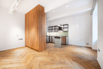 Obývací prostor - Pronájem bytu 1+kk v osobním vlastnictví 45 m², Praha 10 - Vršovice 